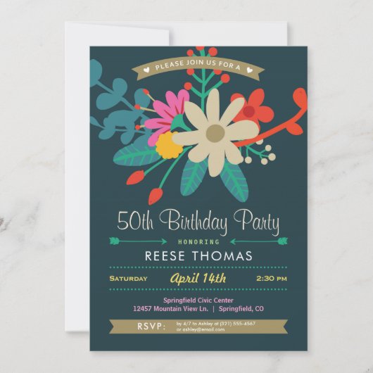 Levendige Bloemen Verjaardag Uitnodiging (Voorkant)