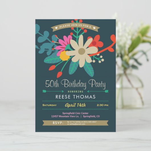 Levendige Bloemen Verjaardag Uitnodiging (Staand voorkant)