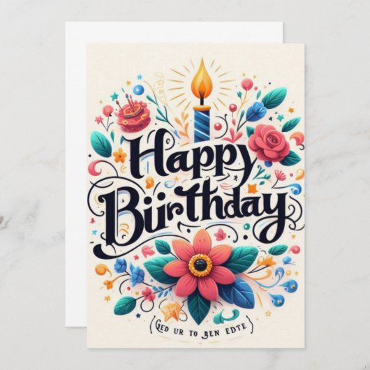 Levendige Bloemen Verjaardag Uitnodiging - Lichte (Voorkant / Achterkant)