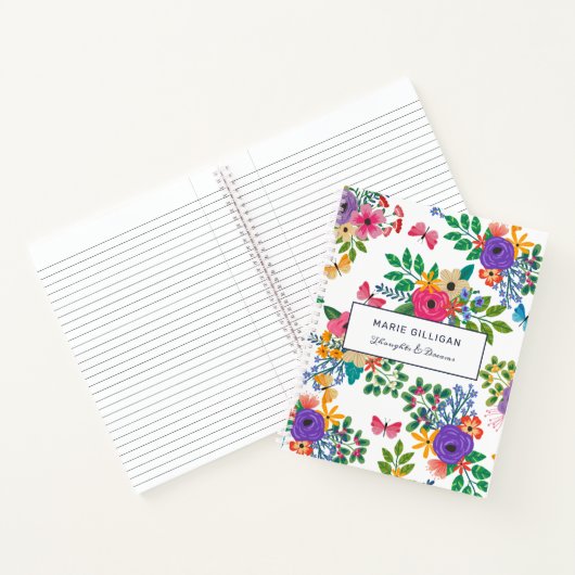 Levendige bloemen & vlinders wit patroon notitieboek (Binnen)