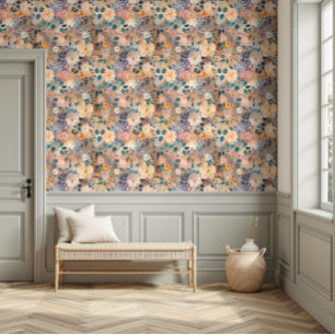 Levendige Bloemen Waterverf Perzik & Paarse Behang