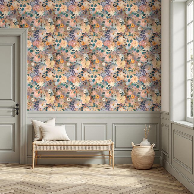  Levendige Bloemen Waterverf Perzik & Paarse Behang (Creator heeft geüpload)