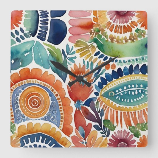 Levendige bloemenexplosie: Waterverf wandklok (Voorkant)