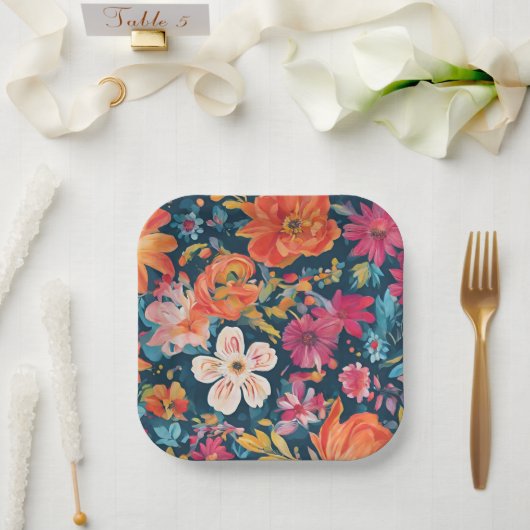 Levendige bloemengrafische kunst papieren bordje (Huwelijk)