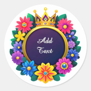 Levendige bloemenkroonlijst met gouden kroon ronde sticker