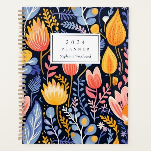 Levendige bloemenschildering blauwe monogram 2024 planner (Voorkant)