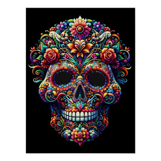 Levendige bloemensuiker schedel kunstwerk perfect poster (Voorkant)