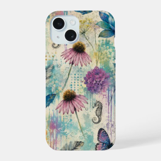 Levendige Bloemige Aquatische Droom iPhone 15 Case (Achterkant)