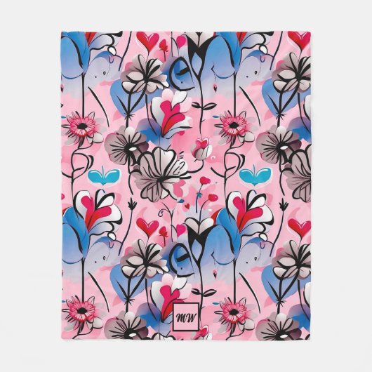 Levendige, bloemige harten en bloemen monogram fleece deken (Voorkant)