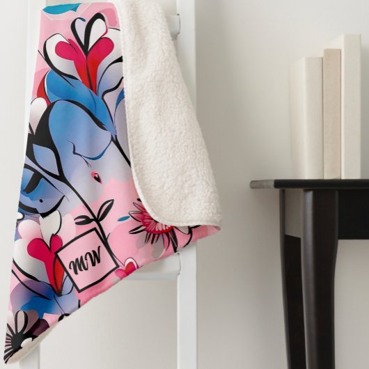Levendige, bloemige harten en bloemen monogram sherpa deken