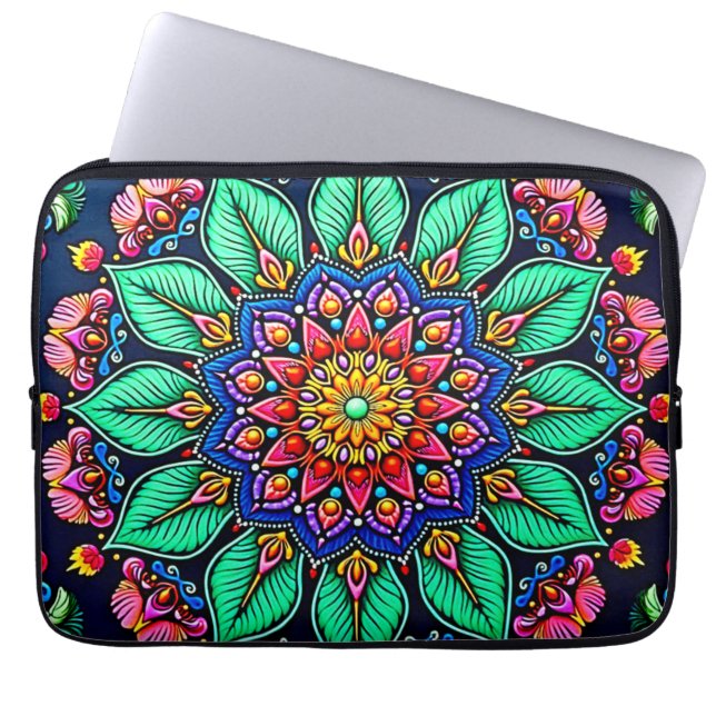 Levendige Bloemige Mandala Kunst Laptop Sleeve (Voorkant)