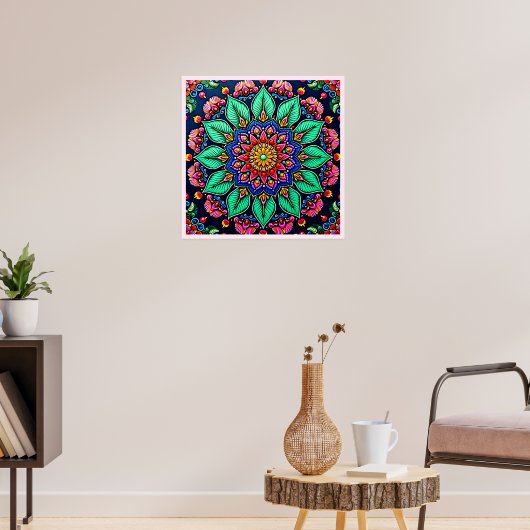Levendige Bloemige Mandala Kunst Poster (Woonkamer 3)
