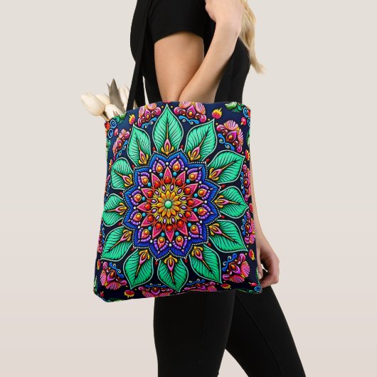 Levendige Bloemige Mandala Kunst Tote Bag (Dichtbij)