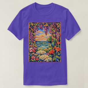 Levendige bloemige oceaan zonsondergang tuin – Fau T-shirt