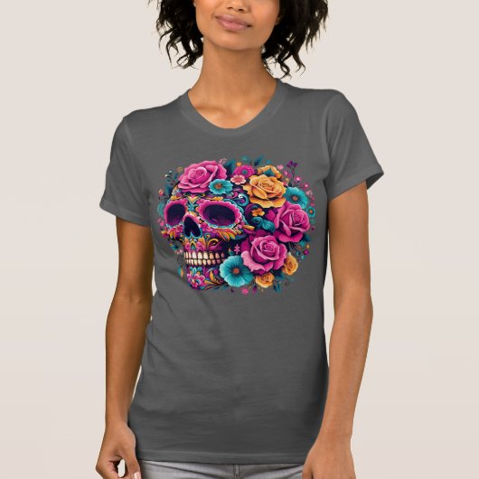 Levendige bloemige schedel voor de Dag van de Dode T-shirt (Voorkant)