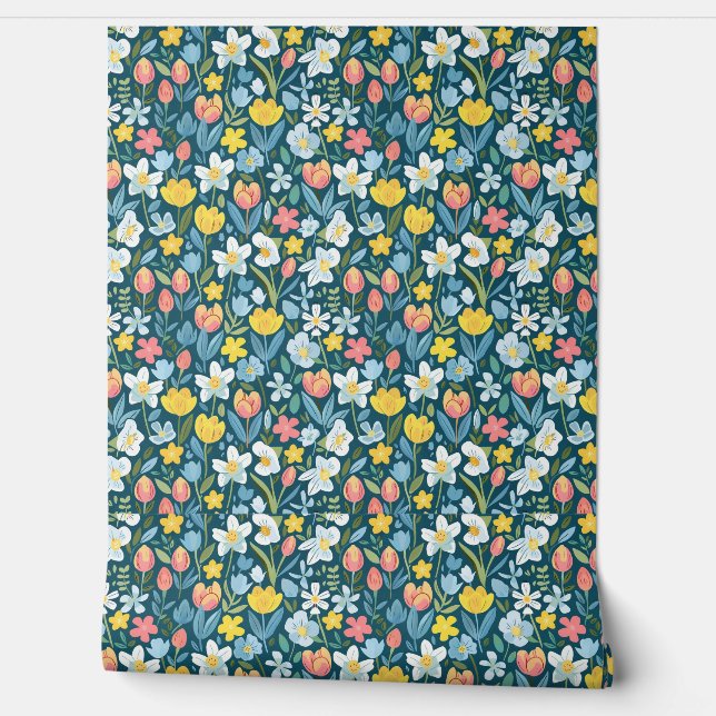 Levendige bloemmedley behang (Afrollen)