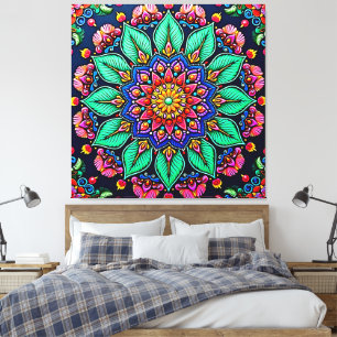 Levendige Bloemrijke Mandala Kunst Canvas Afdruk