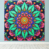 Levendige Bloemrijke Mandala Kunst Canvas Afdruk (Insitu (Houten vloer))