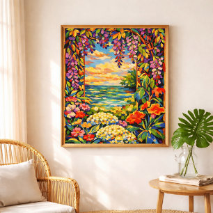 levendige bloemrijke oceaan zonsondergang poster
