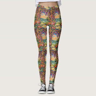 Levendige bloemrijke oceaan zonsondergang tuin – F Leggings