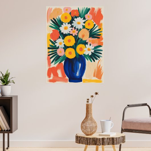Levendige bloemschikking in blauwe vaas poster (Woonkamer 3)