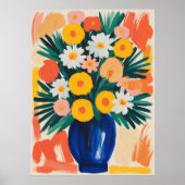 Levendige bloemschikking in blauwe vaas poster (Voorkant)