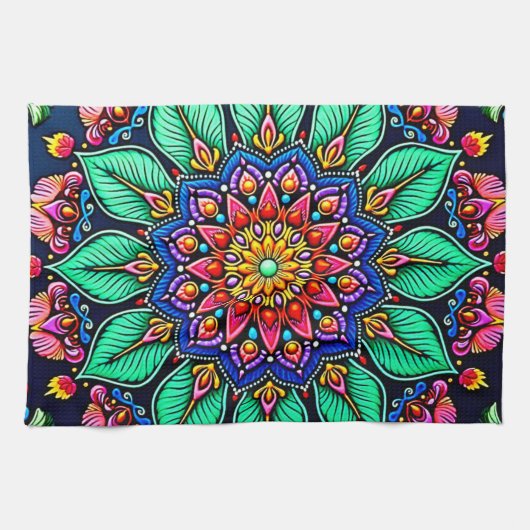 Levendige bloemschildering Mandala Kunst Theedoek (Horizontaal)
