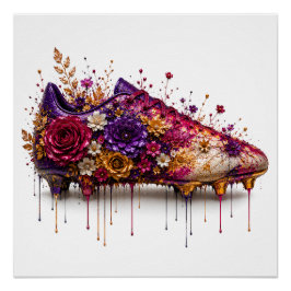 Levendige bloemvoetbalboot die goud paars druppelt perfect poster