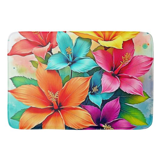 Levendige Bloesems: Tropisch Bloemengeweld Design Badmat (Voorkant)