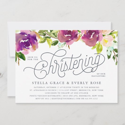 Levendige Bloom Twins doopuitnodiging Kaart (Voorkant)
