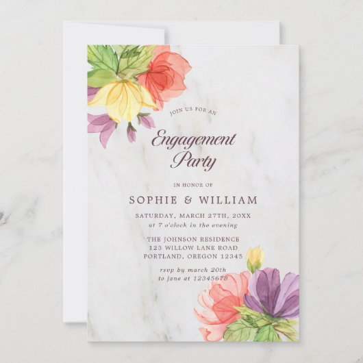Levendige Blooms Marble Engagement Party Kaart (Voorkant)