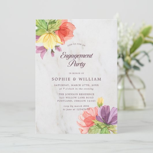 Levendige Blooms Marble Engagement Party Kaart (Staand voorkant)