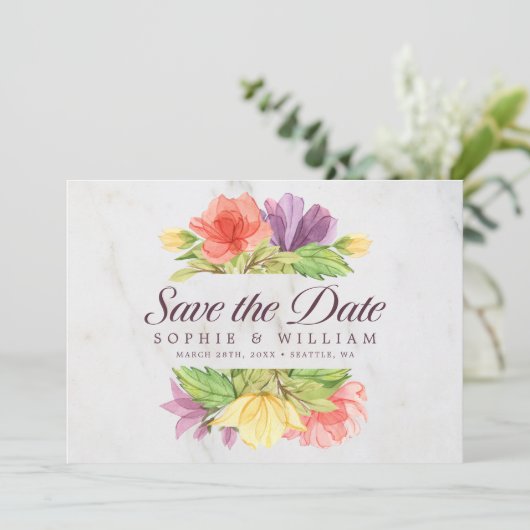 Levendige Blooms Marmer Save the Date (Staand voorkant)