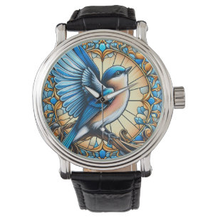 Levendige Blue Bird neergestreken op Glas in lood Horloge