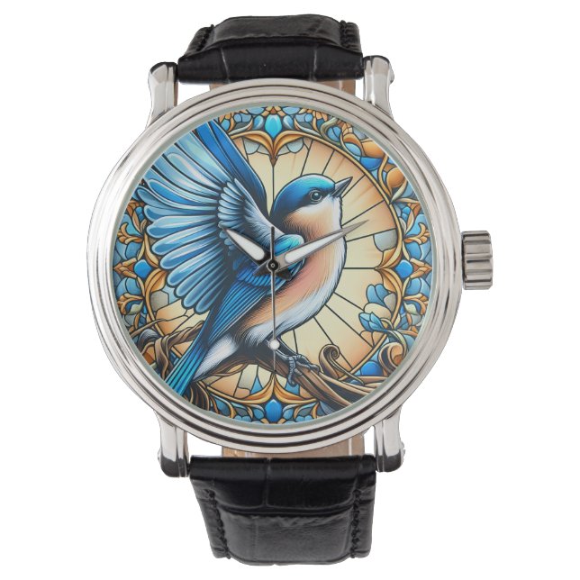 Levendige Blue Bird neergestreken op Glas in lood Horloge (Voorkant)
