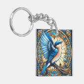 Levendige Blue Bird neergestreken op Glas in lood Sleutelhanger (Voorkant Links)