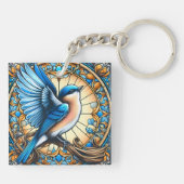 Levendige Blue Bird neergestreken op Glas in lood Sleutelhanger (Achterkant)