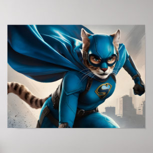 Levendige Blue-Caped Feline Superhero met een bril Poster