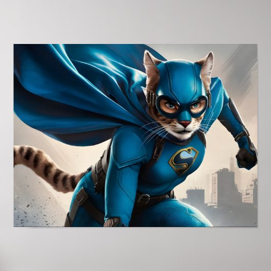 Levendige Blue-Caped Feline Superhero met een bril Poster (Voorkant)