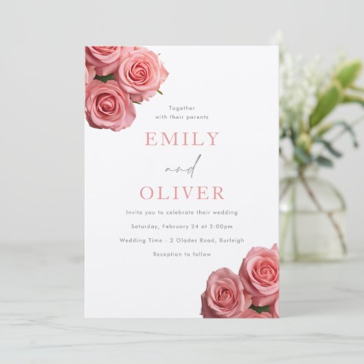 Levendige Blush Roze Rozen Elegante bruiloft Kaart (Staand voorkant)