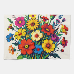 Levendige Boeket van Wilde Bloemen Folk Art Theedoek