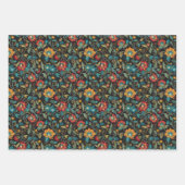 Levendige Boheemse Bloemen en Bladpatroon op Zwart Inpakpapier Vel (Voorkant 3)