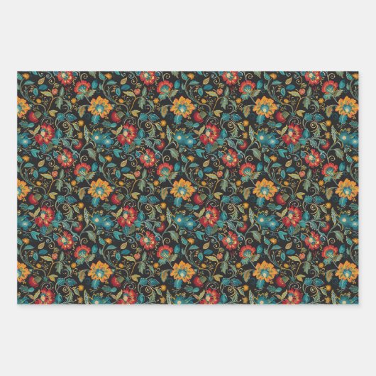 Levendige Boheemse Bloemen en Bladpatroon op Zwart Inpakpapier Vel (Voorkant 3)