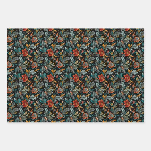 Levendige Boheemse Bloemen en Bladpatroon op Zwart Inpakpapier Vel (Voorkant)