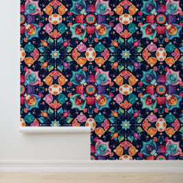 Levendige Boheemse Mandala Kleurrijke Bloemen Folk Behang