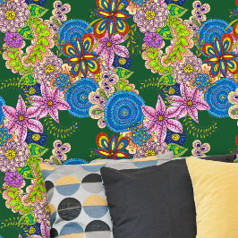 Levendige Boheemse volkskunst handgetekende bloeme Behang