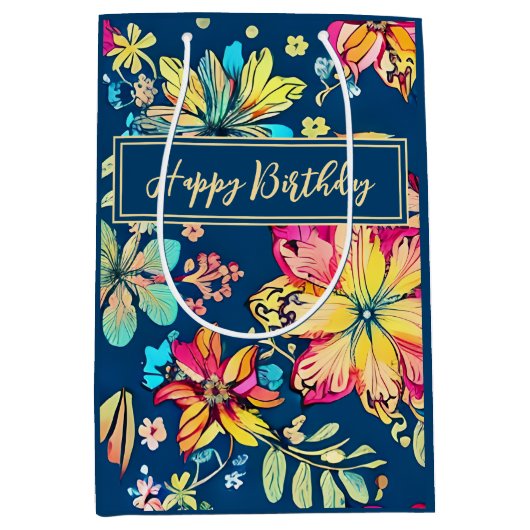 Levendige Boho Bloemen Bohemian Flower Gelukkige V Medium Cadeauzakje (Voorkant)