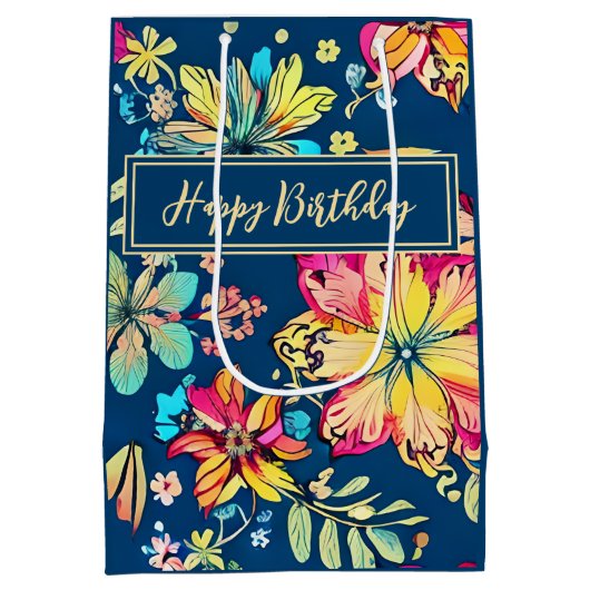 Levendige Boho Bloemen Bohemian Flower Gelukkige V Medium Cadeauzakje (Achterkant)