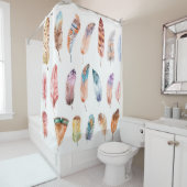 Levendige Boho Feathers: Waterverf Illustratie Douchegordijn (In situ)