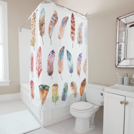 Levendige Boho Feathers: Waterverf Illustratie Douchegordijn (In situ)